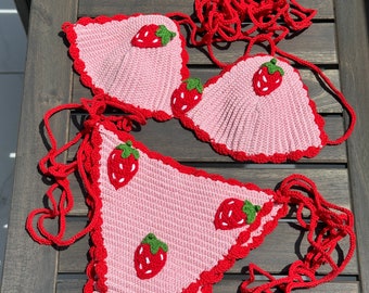 leilayca strawberry crochet bikini set, festival clothes, Beach wear ,Triangle Crochet Bikini Set,Crochet Bathing Suit,Brazilian Bikini Set