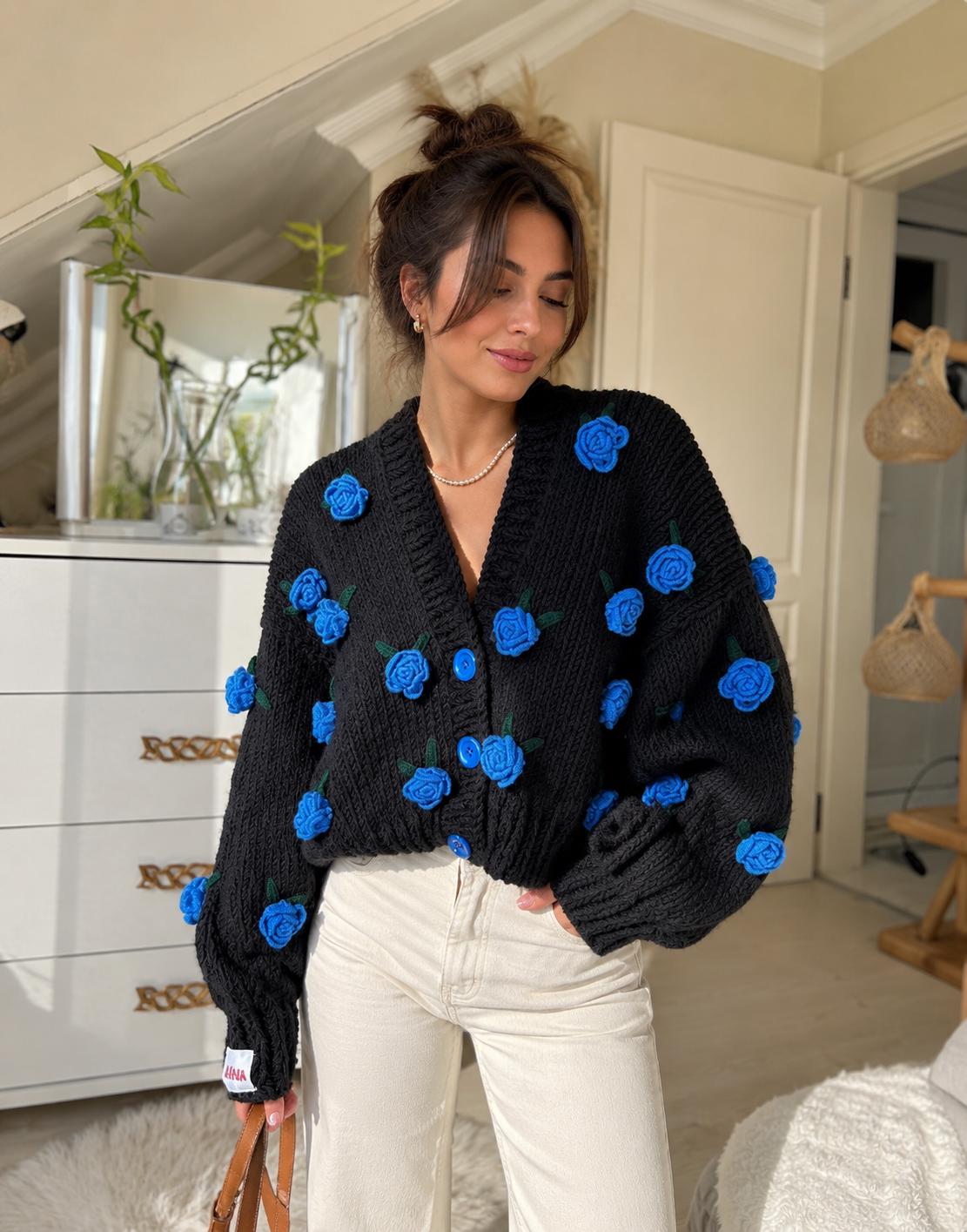 Handmade Dark Romance Black Chunky Knit Cardigan With Blue Roses