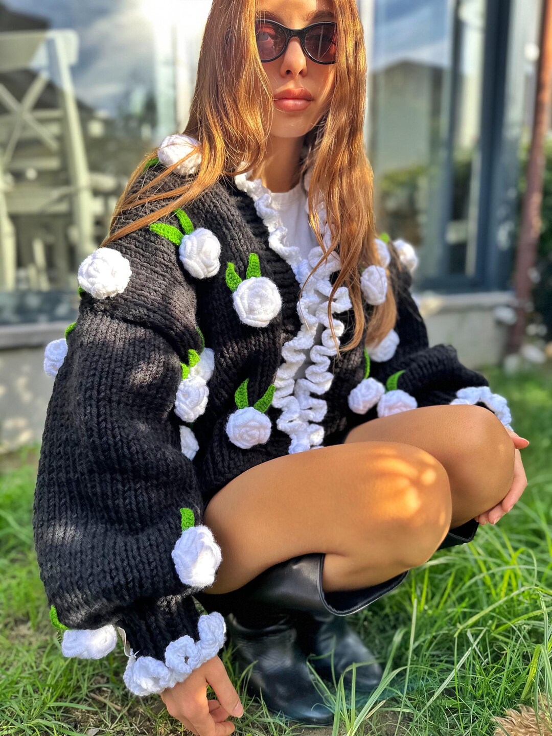 Leilayca Midnight Roses Chunky Knit Cardigan, Hand Knit Oversize