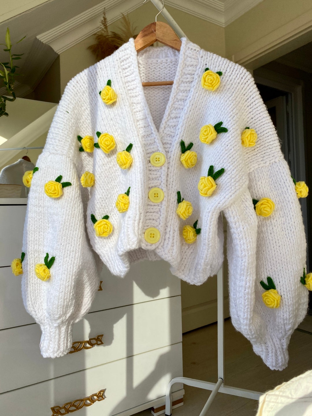 Leilayca Yellow Rose Cardigan , Chunky Cropped Cardigan for