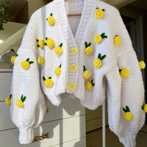 Leilayca Yellow Rose Cardigan , Chunky Cropped Cardigan For Woman , White Sweater With yellow flowers , Unique Gifts For Woman , knit jacket