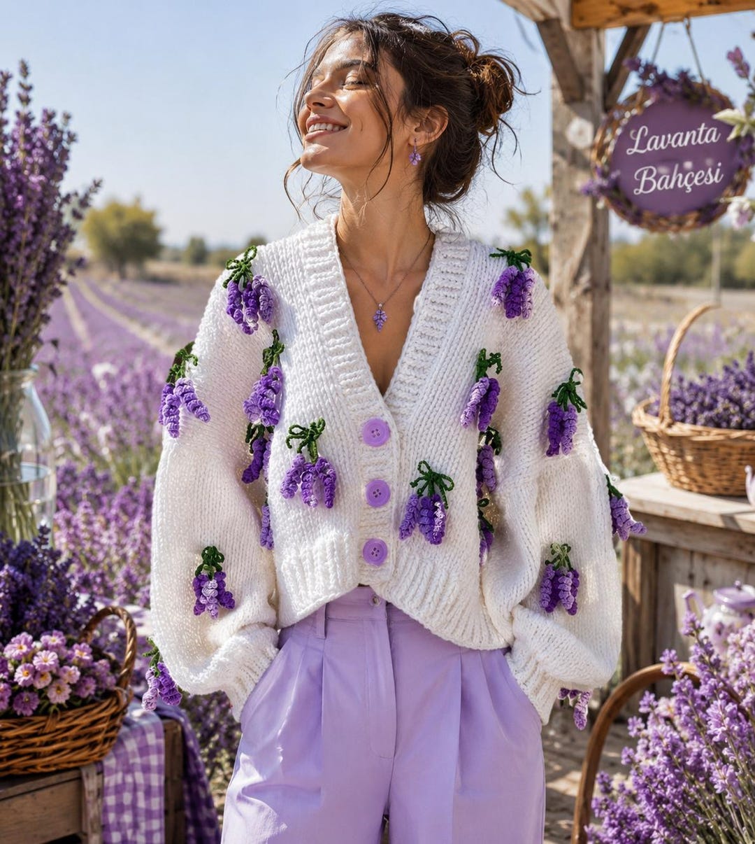 Handmade Lavender Flower Cardigan, Chunky Knit Crop Cardigan