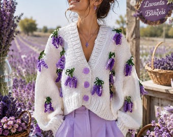 Handmade Lavender Flower Cardigan, Chunky Knit Crop Cardigan