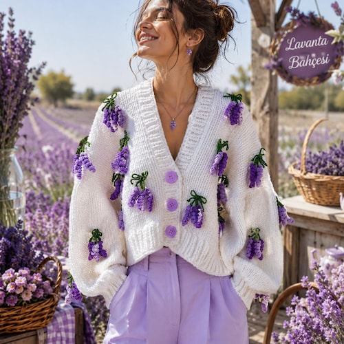 Handmade Lavender Flower Cardigan, Chunky Knit Crop Cardigan