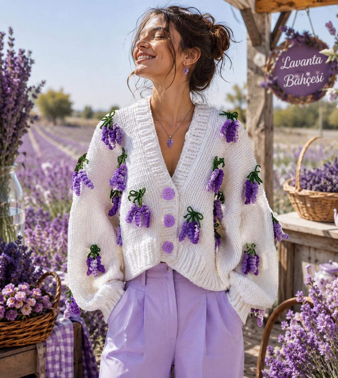 Handmade Lavender Flower Cardigan, Chunky Knit Crop Cardigan