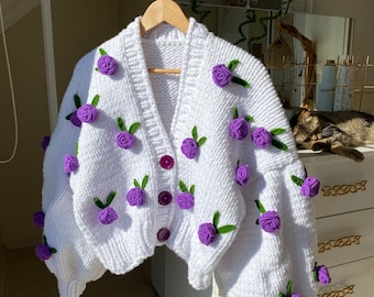 Leilayca Purple Roses Cardigan , Chunky Cropped Cardigan for Woman