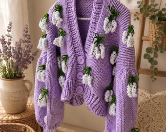 Handmade Lavender Cardigan With 3D Flowers, Chunky Knit Crop