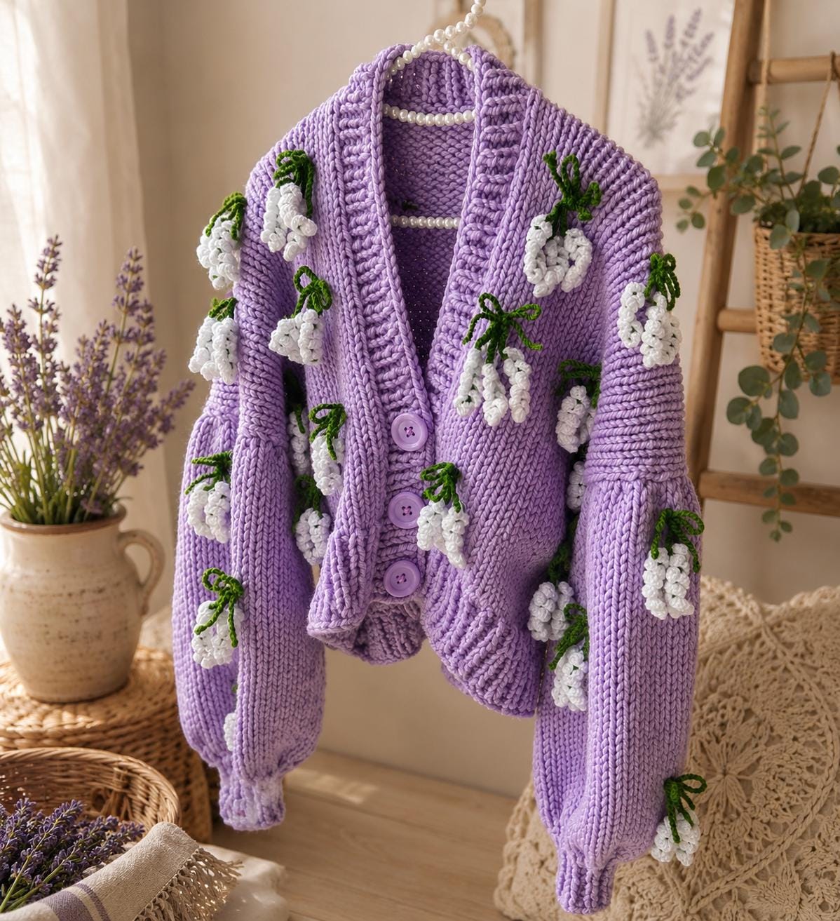 Handmade Lavender Cardigan With 3D Flowers, Chunky Knit Crop