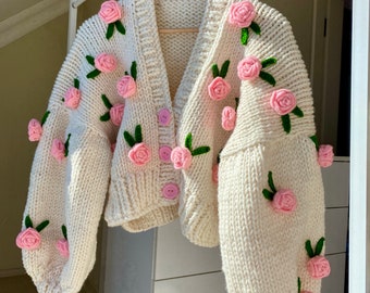 Leilayca Pink Roses Cardigan , Chunky Cropped Cardigan For Woman , White Sweater With Pink flowers , Unique gift for women , Vintage Roses