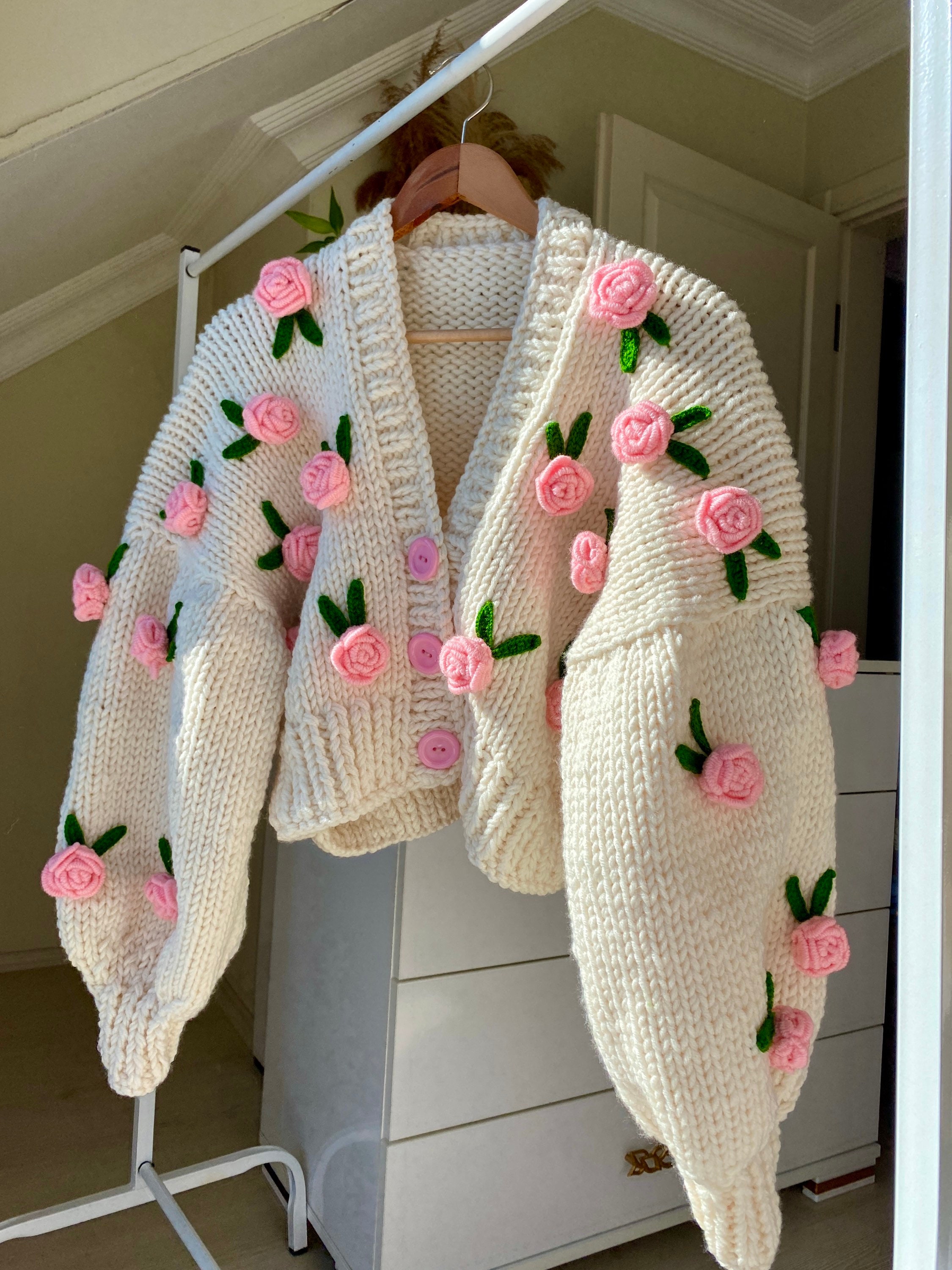 V-Neck Crop Hand-Knit Chunky Cardigan in Pink