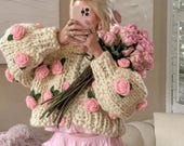 Leilayca Big Pink Roses Cardigan , Chunky Cropped Cardigan for