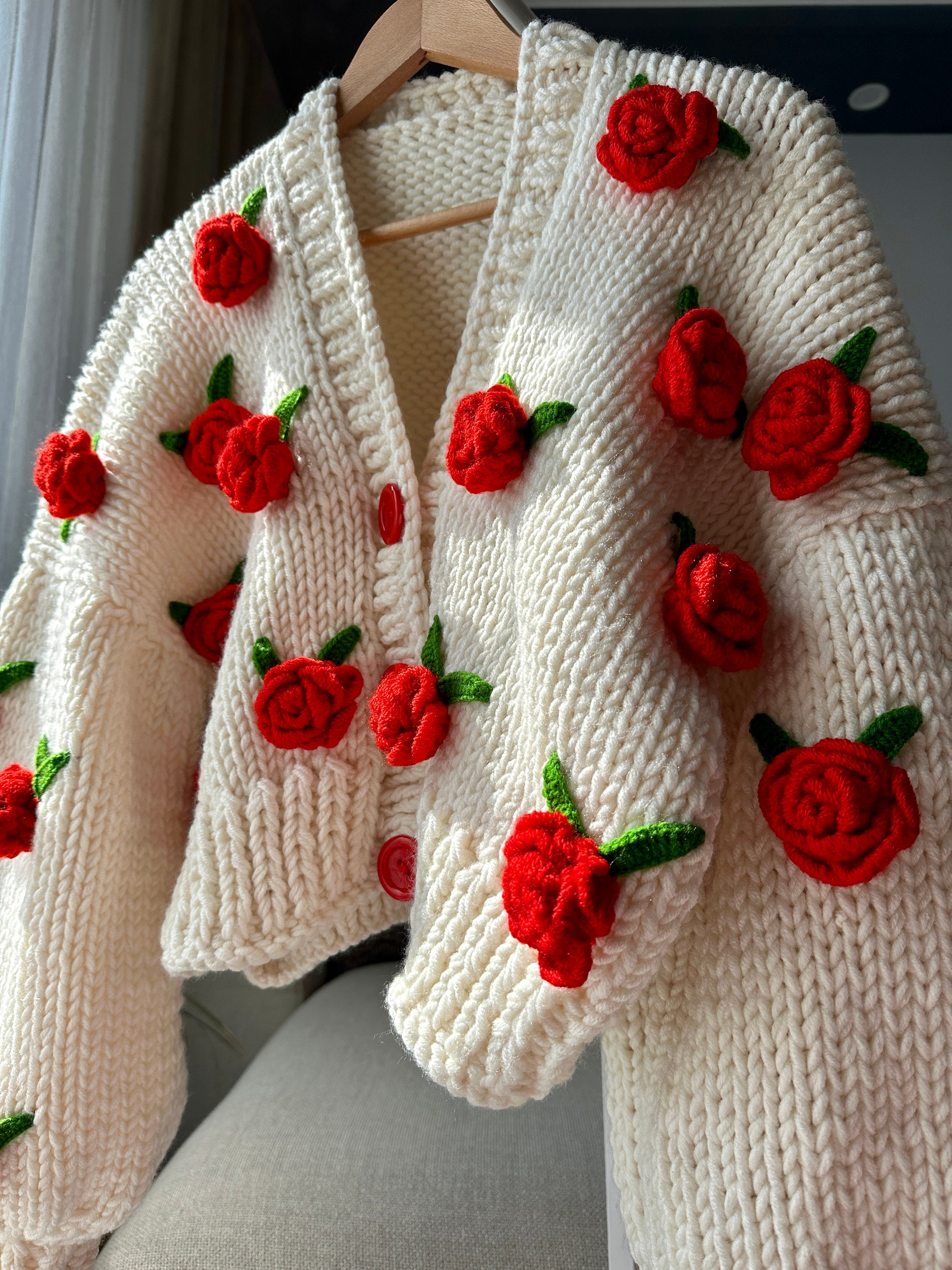 Summer Rose , Red Rose ,rose Embroidered Knit Cardigan