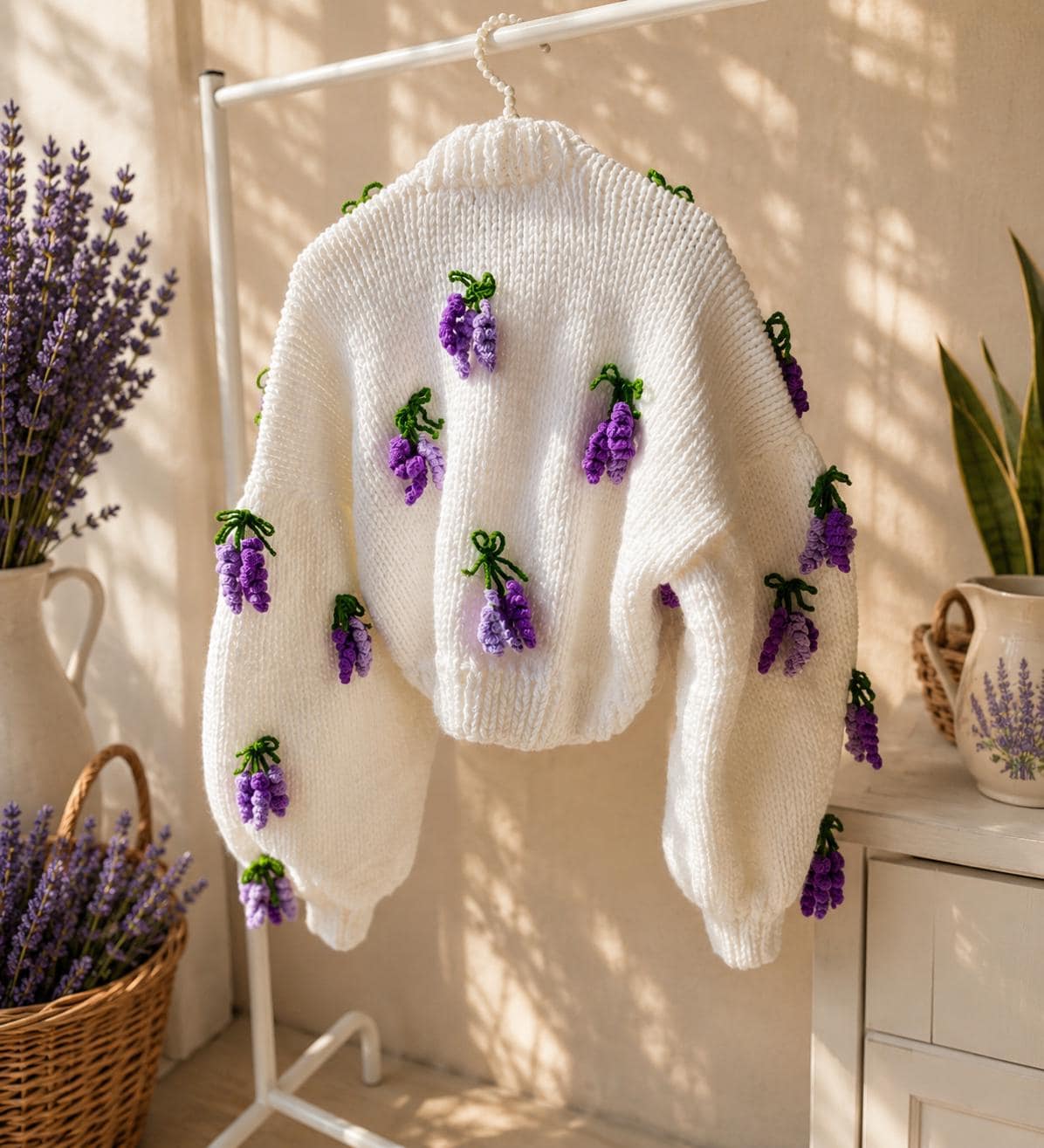 Handmade Lavender Flower Cardigan, Chunky Knit Crop Cardigan
