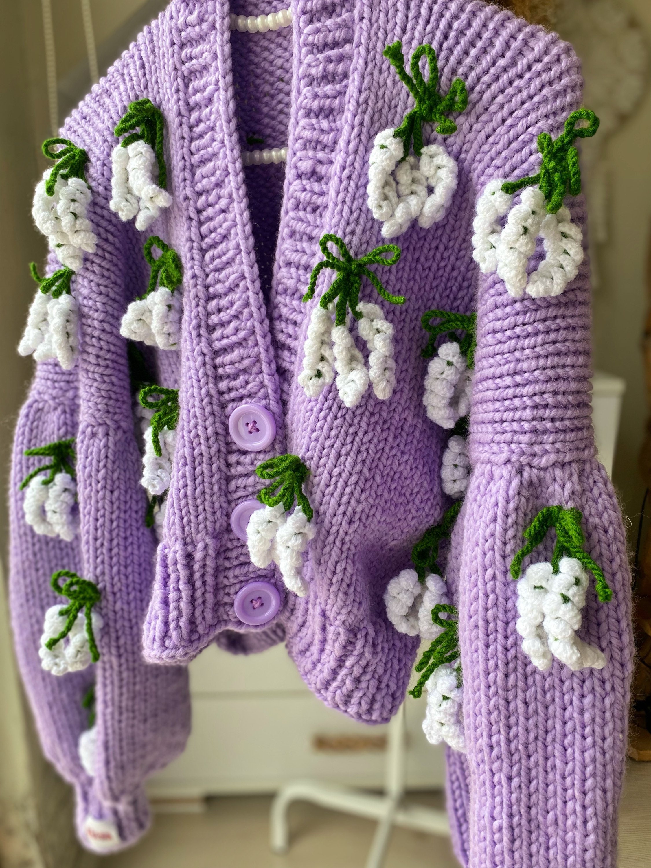 Lilac Lavender Flower Cardigan , 3d Flower Cardigan Oversized Knit Cardigan  Unique Lavender Gifts Knit Sweater Chunky Cardigan 