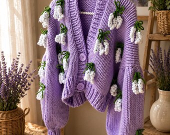 Handmade Lavender Cardigan With 3D Flowers, Chunky Knit Crop
