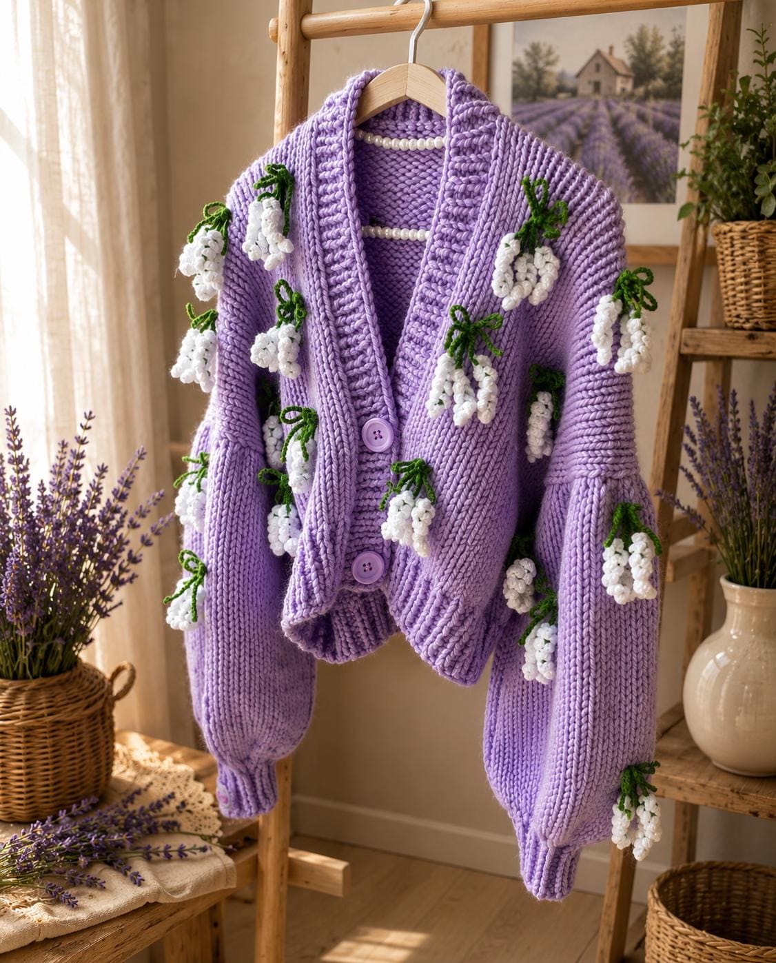 Handmade Lavender Cardigan With 3D Flowers, Chunky Knit Crop