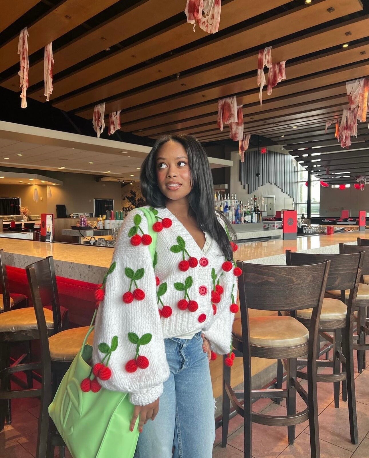 Handmade Cherry Cardigan, Chunky Knit Crop Sweater, Cottagecore