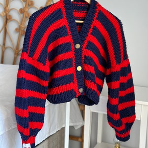Navy/Red striped balloon sleeve oversize cardigan, women’s knitwear , vintage Colourful striped  cardigan ,  unique gifts for woman ,