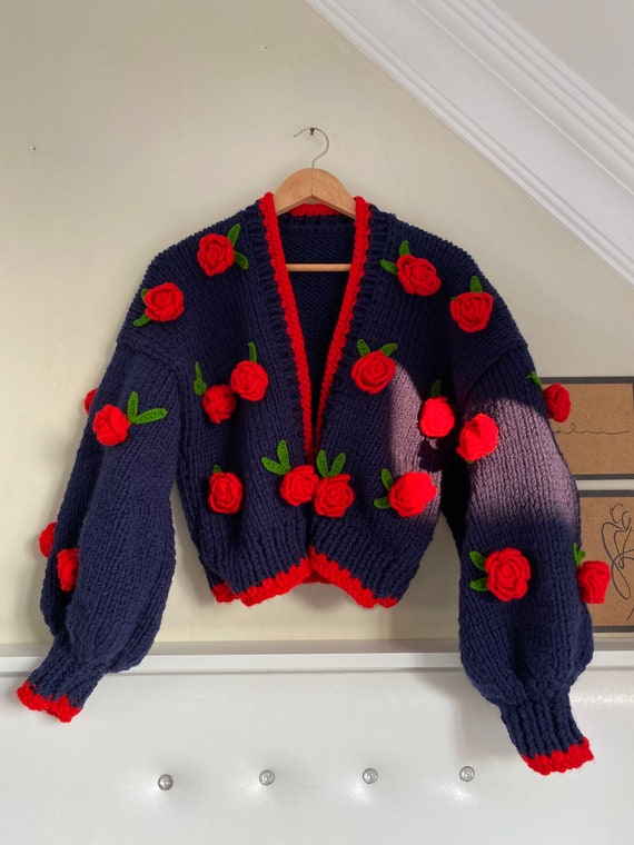 Navy Rose Cardigan, Handmade Chunky Knit Cardigan, Romantic Floral