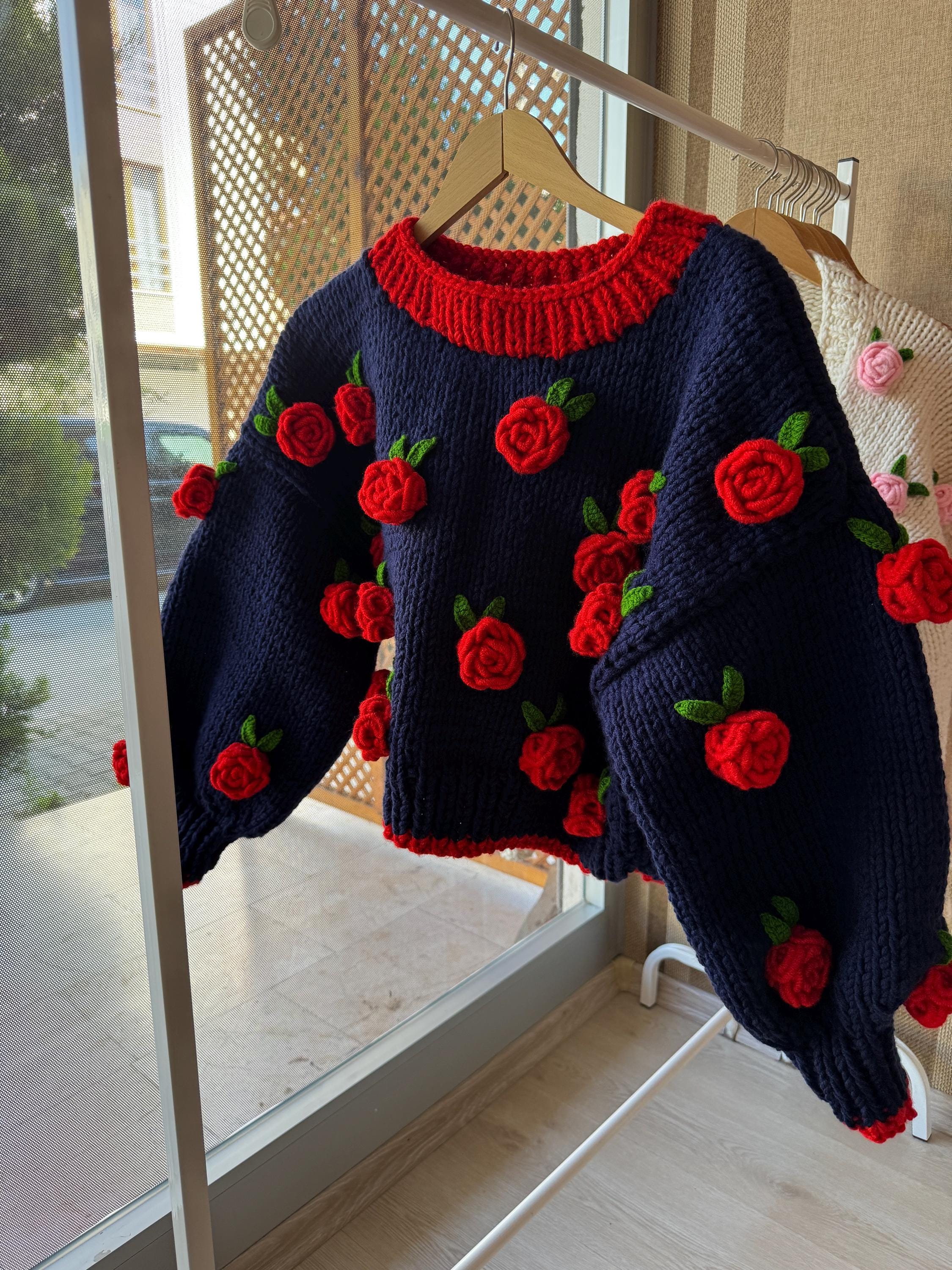 Leilayca Handmade Navy Blue Sweater With Red Roses,handmade Floral