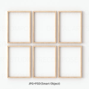 Six Vertical A4 Wood Frames Mockup On Real Wall, JPG PSD Smart Object