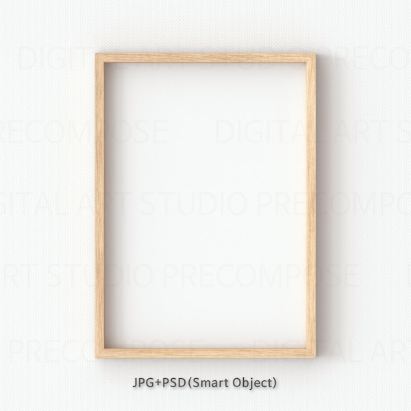 Vertical A4 Wood Frame Mockup On Real Wall, JPG PSD Smart Object