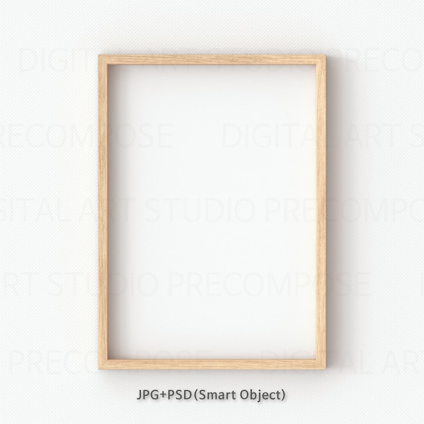 Verticale A4 houten frame mockup op echte muur, JPG PSD slim object