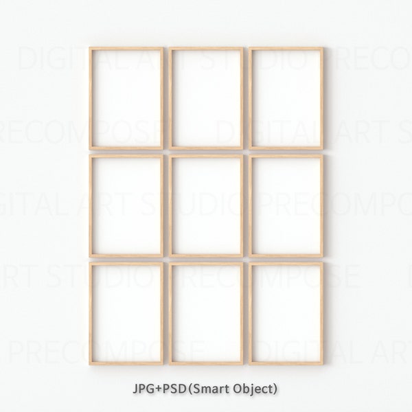 Nine Vertical A4 Wood Frames Mockup On Real Wall, JPG PSD Smart Object
