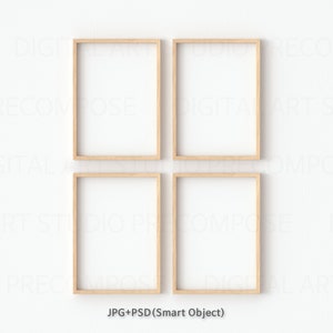 Four Vertical A4 Wood Frames Mockup On Real Wall, JPG PSD Smart Object