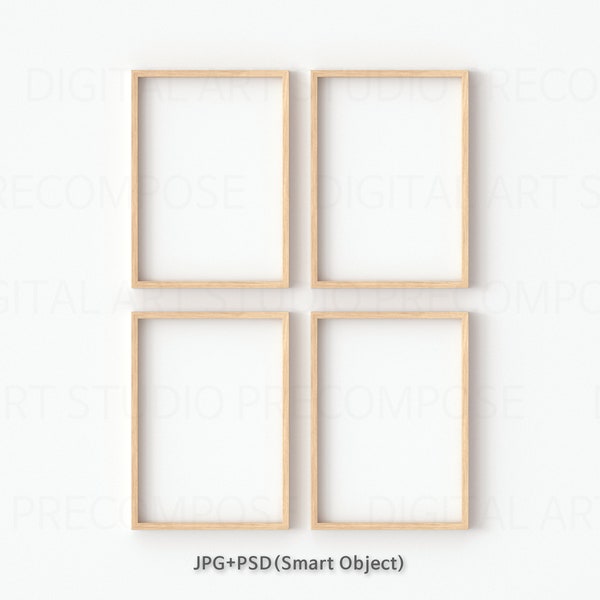 Four Vertical A4 Wood Frames Mockup On Real Wall, JPG PSD Smart Object