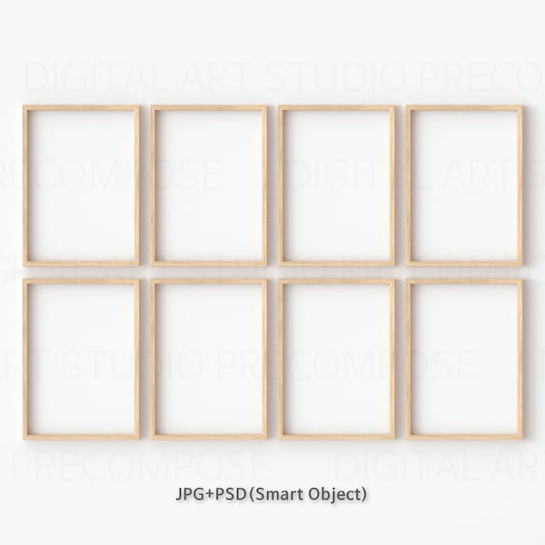 Eight Vertical A4 Wood Frames Mockup On Real Wall, JPG PSD Smart Object