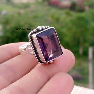 Amethyst Gemstone Ring, Rectangle Shape, Boho Handmade Woman Ring, 925 Sterling Silver,  Mother's Day Gift, Unique Ring, Beautiful Ring,