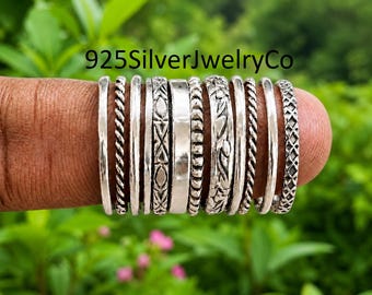 Conjunto de 12 anillos de plata, plata de ley 925, anillo de mujer hecho a mano, anillo apilable, anillo de plata pura, anillo de regalo de diseño de plata, anillo de meditación