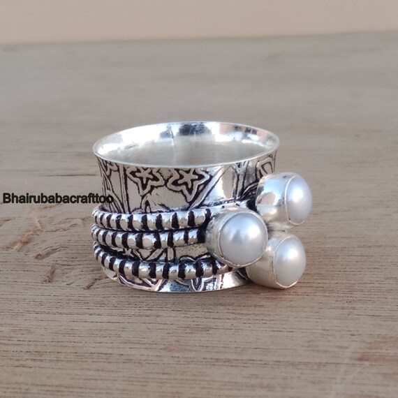 Handmade Ring Three Pearl Gemstone Ring Silver Spinner Ring Anxiety Ring Woman Ring Gift For Her SD474 925 Sterling Silver Ring
