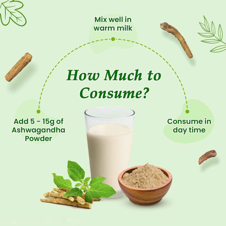 Puede incluir: Ilustraci&oacute;n que muestra c&oacute;mo consumir polvo de ashwagandha. Agrega de 5 a 15 gramos de polvo de ashwagandha a la leche caliente y mezcla bien. Consume durante el d&iacute;a.