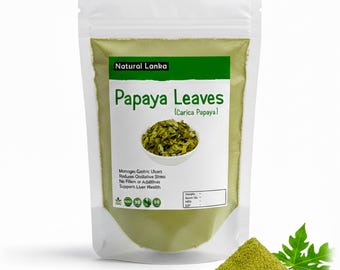 Polvo de hojas de papaya (recién recolectadas y secas) Hojas cortadas y desplazadas / Carica papaya deshidratada, orgánica y natural, cultivada en casa / Hoja de papaya