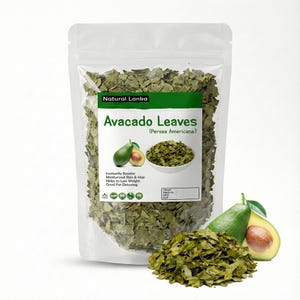 May include: A transparent bag of dried avocado leaves, labelled "Avocado Leaves" and "Natural Lanka". The image includes fresh avocados, one whole and one halved, alongside a small pile of the dried leaves.