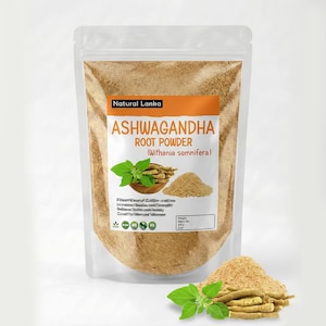 May include: A clear stand-up pouch filled with light brown Ashwagandha root powder. The label features the text Natural Lanka, Ashwagandha Root Powder, and Withania somnifera, alongside an illustration of green leaves and root pieces.