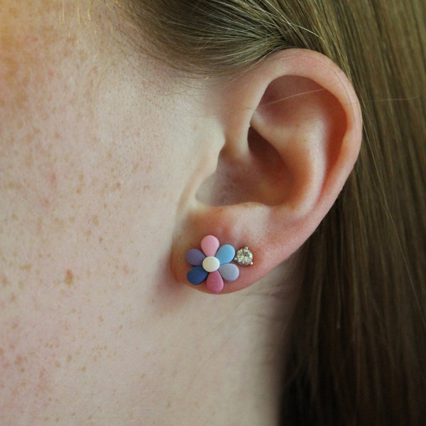 Pink, Purple & Blue Color-Wheel Daisy Hoops AND Studs | Handmade Polymer Clay Earrings