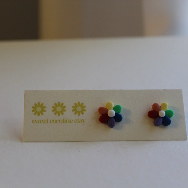 Rainbow Color-Wheel Daisy Mini Studs | Handmade Polymer Clay Earrings