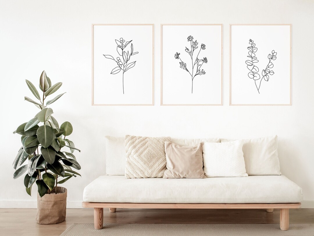 Flower Plants Line Art Set of 3 Printable Wall Art, Botanical Poster ...