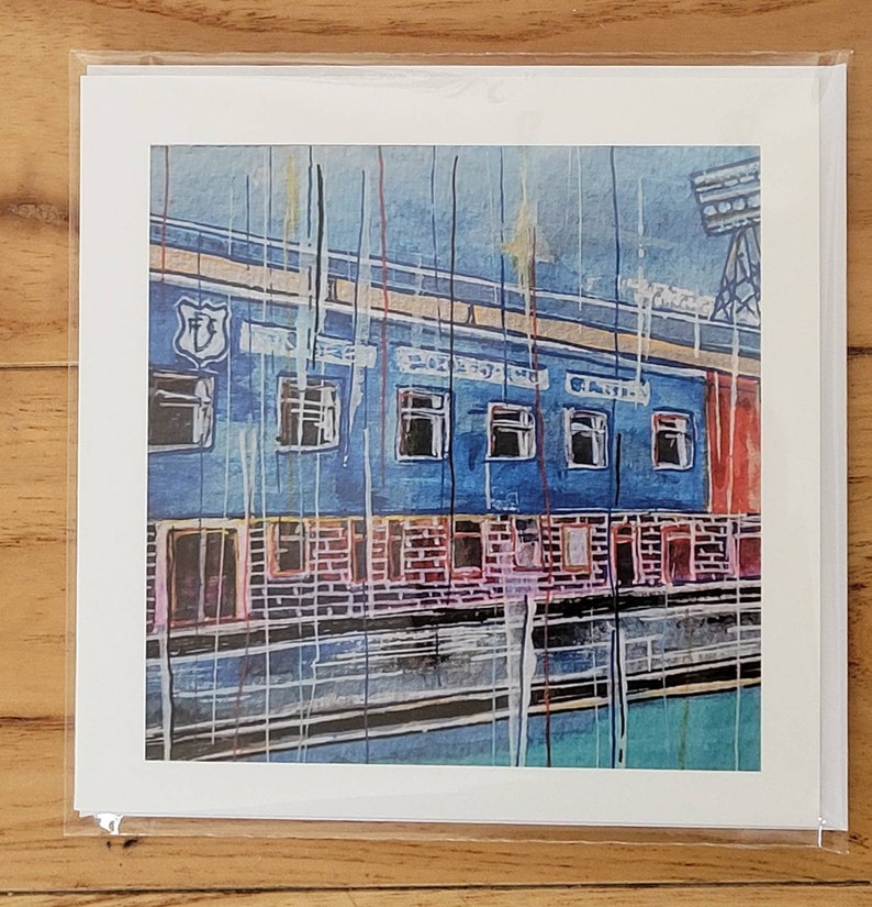 May include: A blue and red building with a white sign that says "The Boston Arms" and a white crest with a red heart. The building is painted in a watercolor style with a blue sky and white rain streaks.