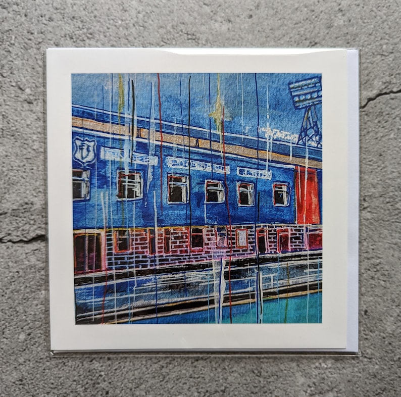 May include: A watercolor painting of a blue building with red accents and a floodlight. The building has a sign that reads "Goodison Park" and a crest with the number "1878".