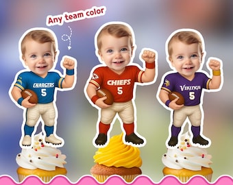 May include: Three printable cupcake toppers featuring cartoon-style babies in football uniforms. Each baby holds a football and wears a jersey with the number 5, representing the Chargers, Chiefs, and Vikings teams, set atop individual cupcakes.