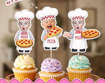 May include: Three cupcake toppers featuring illustrations of babies wearing white chef hats with red checkered bands and white aprons with the text PIZZA. Each baby holds a pizza. The toppers are inserted into yellow, purple, and light blue cupcakes.