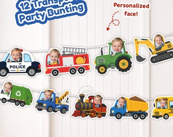 May include: A 12-piece transport party bunting featuring various vehicles including a police car, fire truck, tractor, excavator, garbage truck, tow truck, train, dump truck, and school bus, each customized with a child's face in the driver's seat.