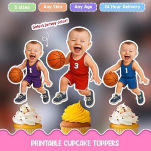 Peut inclure: Des décorations de cupcakes imprimables représentant trois bébés en uniformes de basket-ball, chacun tenant un ballon. Les décorations sont disponibles en différentes couleurs de maillot et tailles. L'image comprend le texte "5 tailles", "Any Skin", "Any Age" et "24 Hour Delivery".