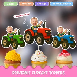 Toppers per cupcake con facce personalizzate con trattore divertente
