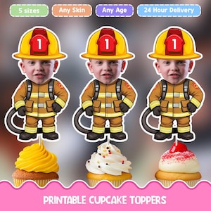 Toppers per cupcake personalizzati con volto di pompiere