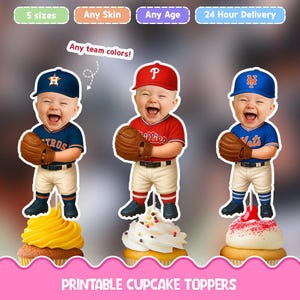 Baseball player Personalized face cupcake toppers - Digital Printable cupcake toppers for birthday decor